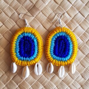 Blue and mustard hand woven earrings by Maryann Talia Pau