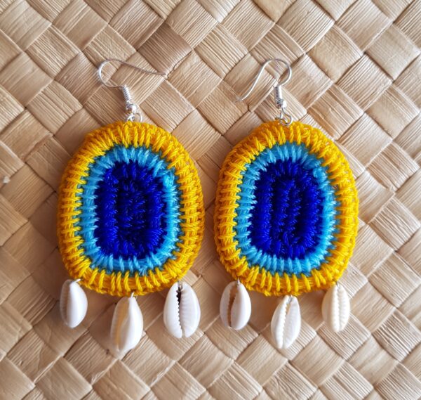 Blue and mustard hand woven earrings by Maryann Talia Pau